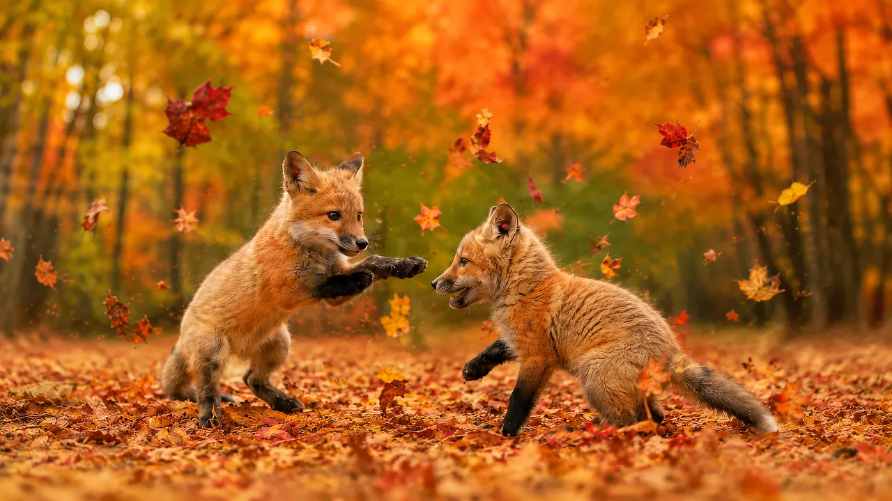 Enchanting Autumn Play: Young Foxes Frolic in Golden Woods