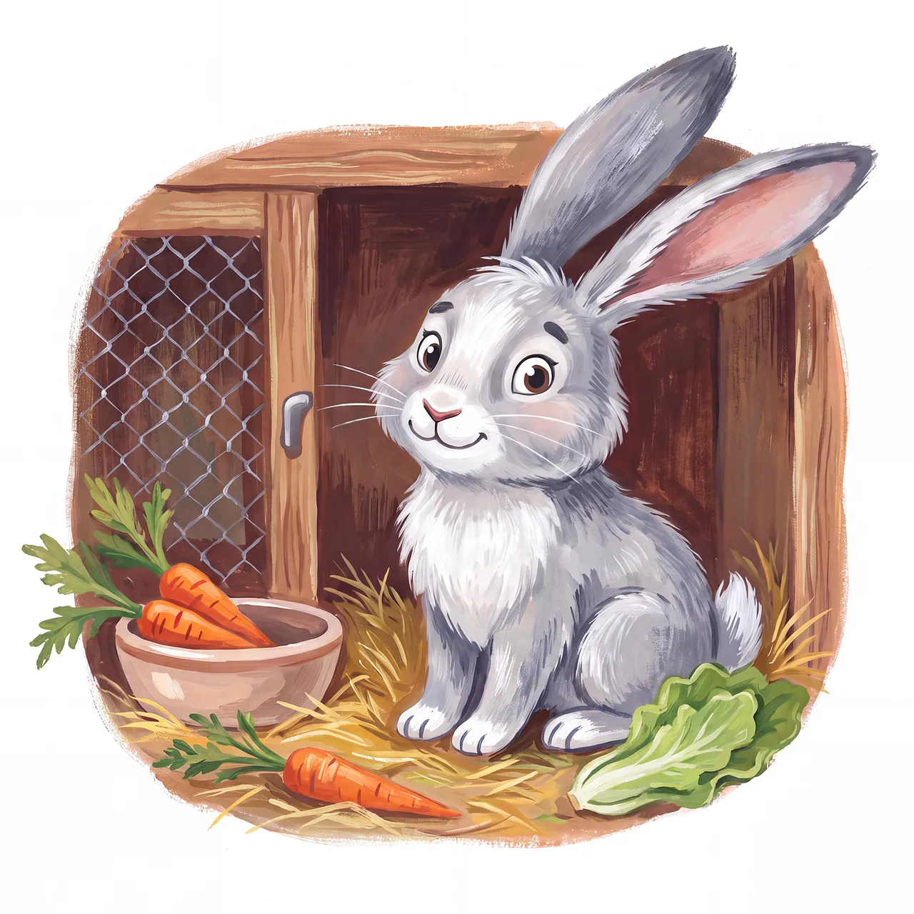 Charming Gray Bunny in Hutch: A Delightful Children's Illustration