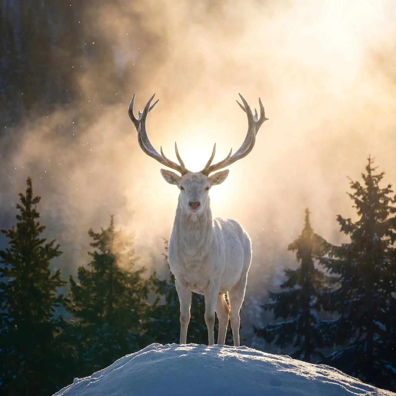 Majestic Albino Deer in Golden Winter Forest