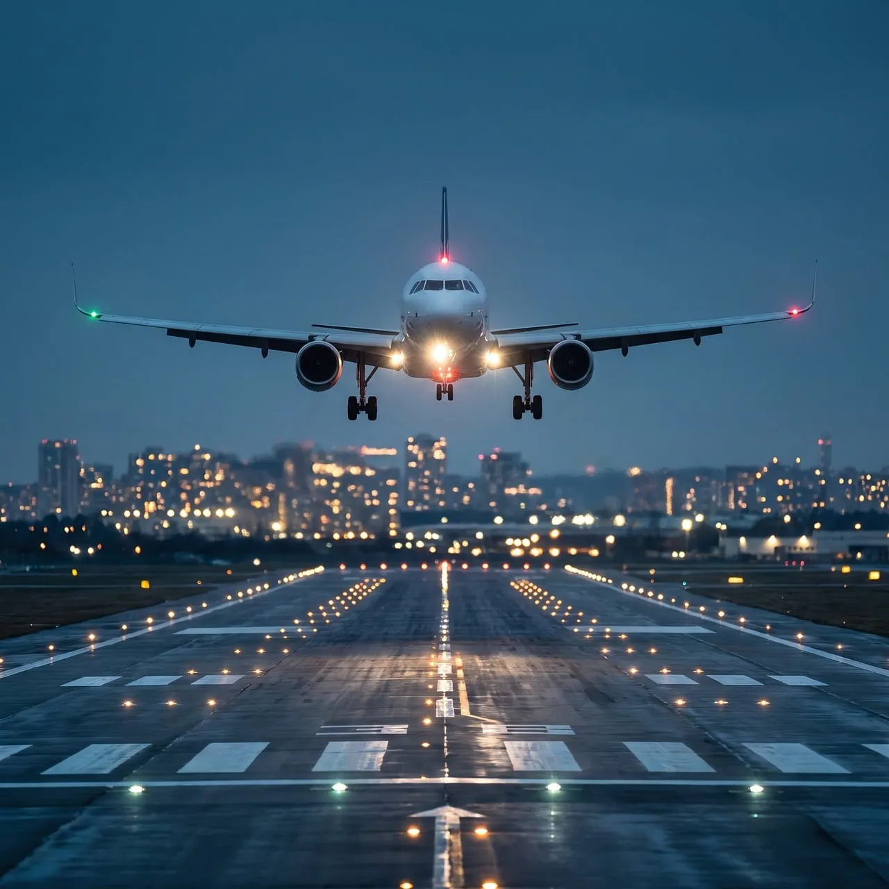 Dramatic Night Landing: Aircraft Approaches Illuminated Runway