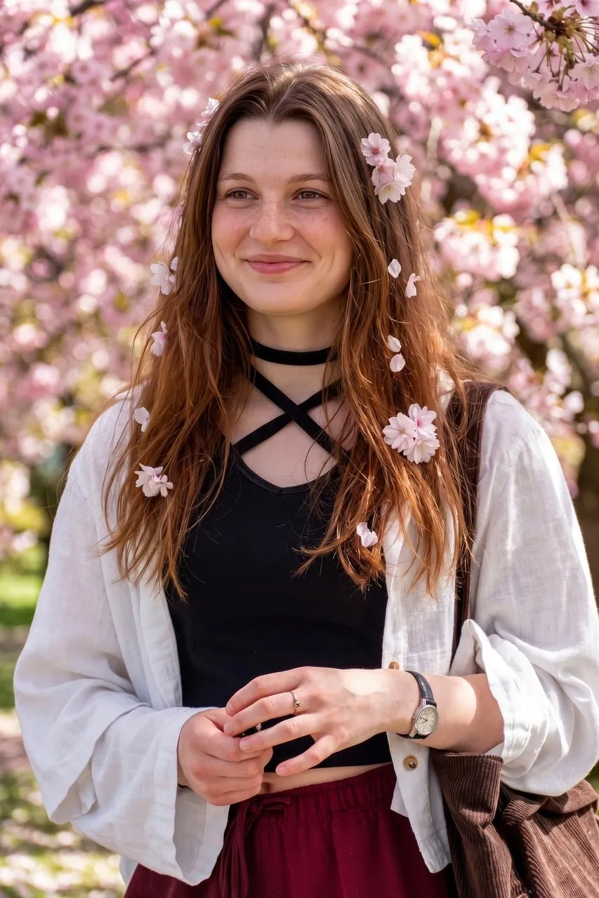 Radiant Young Woman Amidst Pink Cherry Blossoms