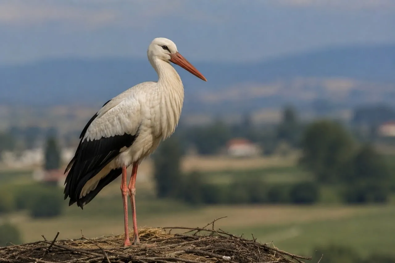 Majestic White Stork: Nature's Elegance in a Summer Landscape