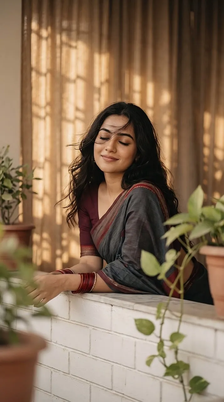 Serene Indian Beauty: Woman in Sari Embracing Morning Light