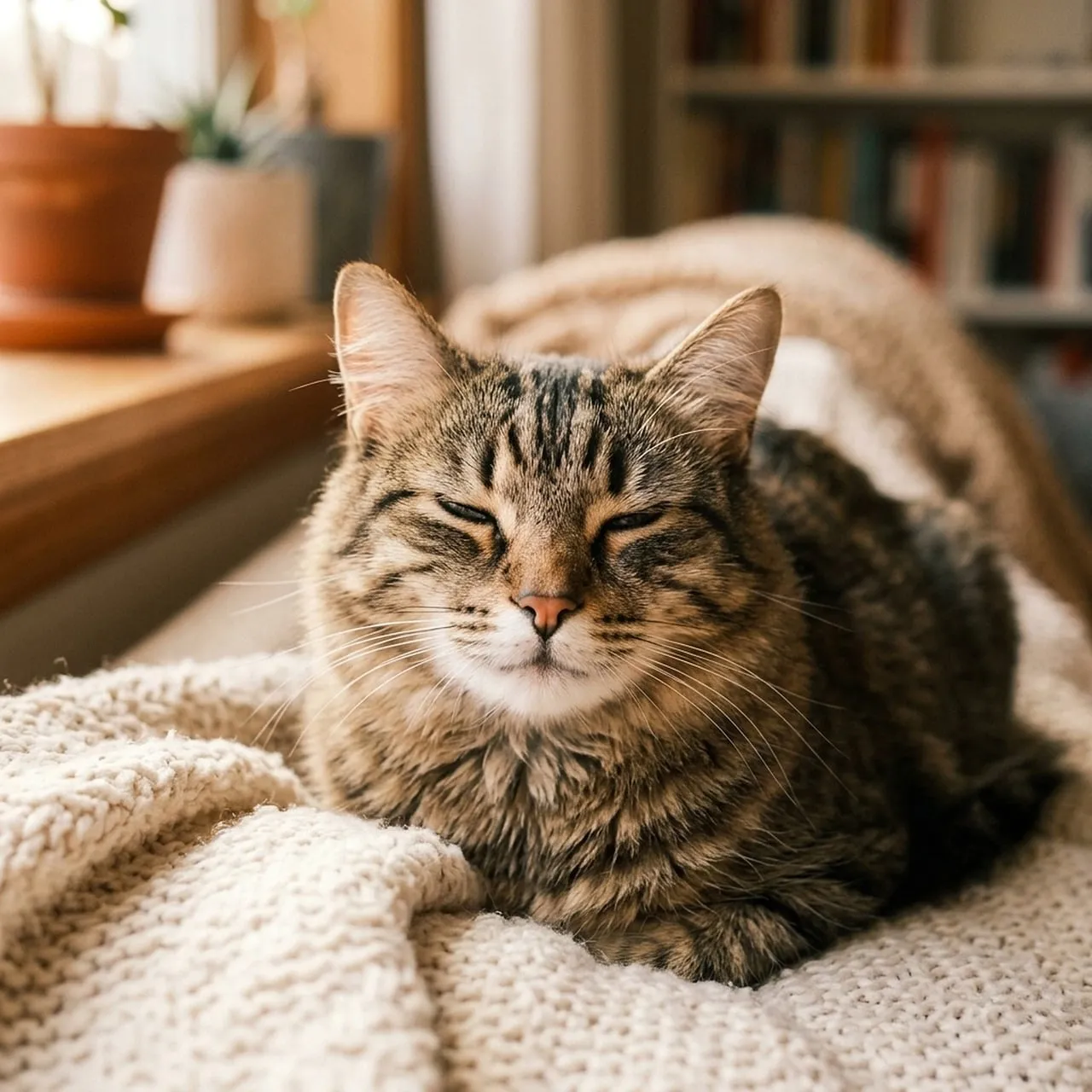 Cozy Nap: Adorable Cat Blissfully Sleeping on a Blanket