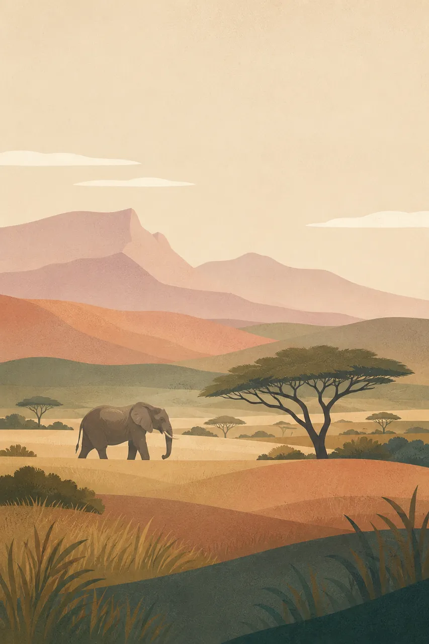 Serene African Savanna: Elephant Silhouette at Sunset