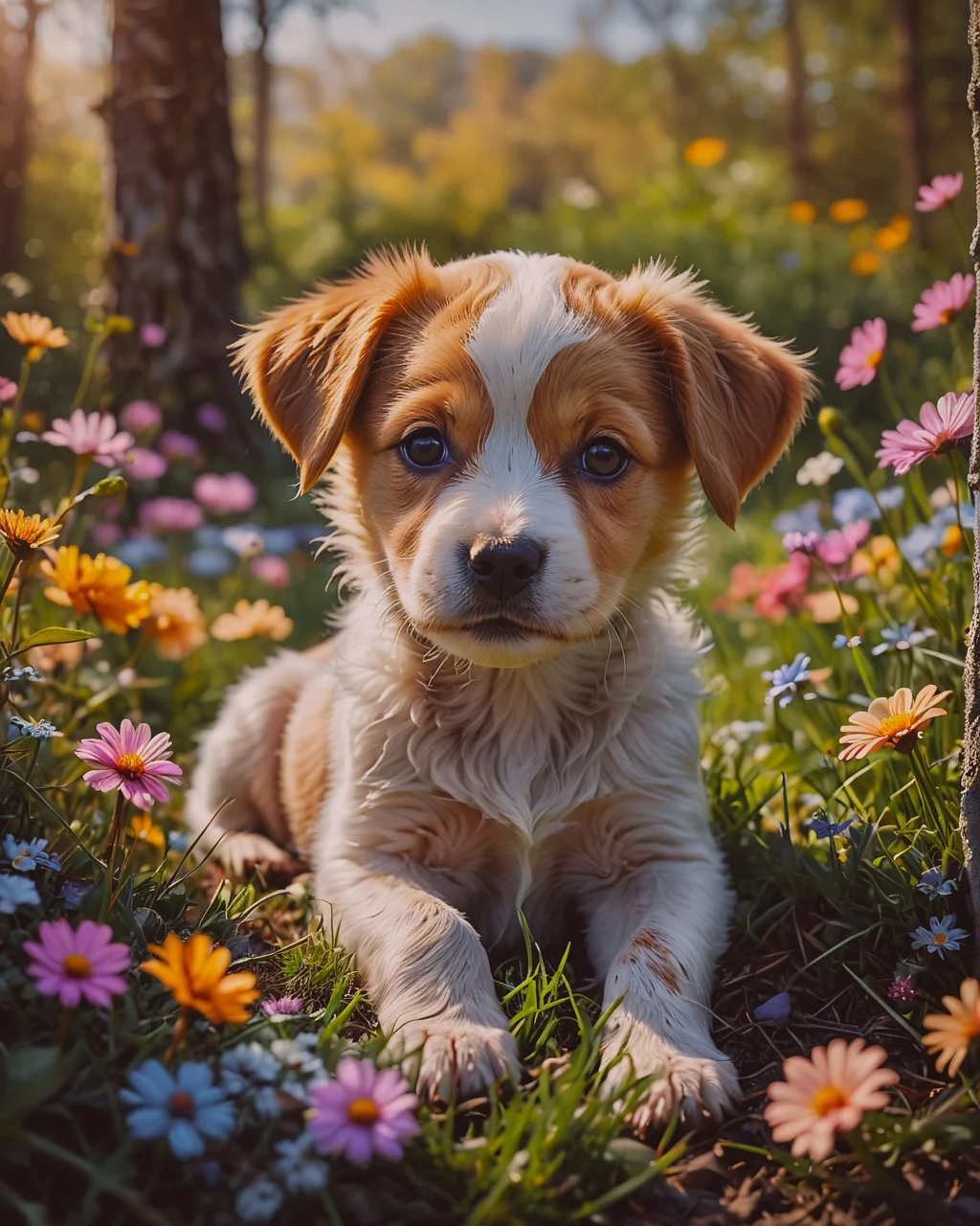 Adorable Puppy Amidst a Vibrant Spring Meadow