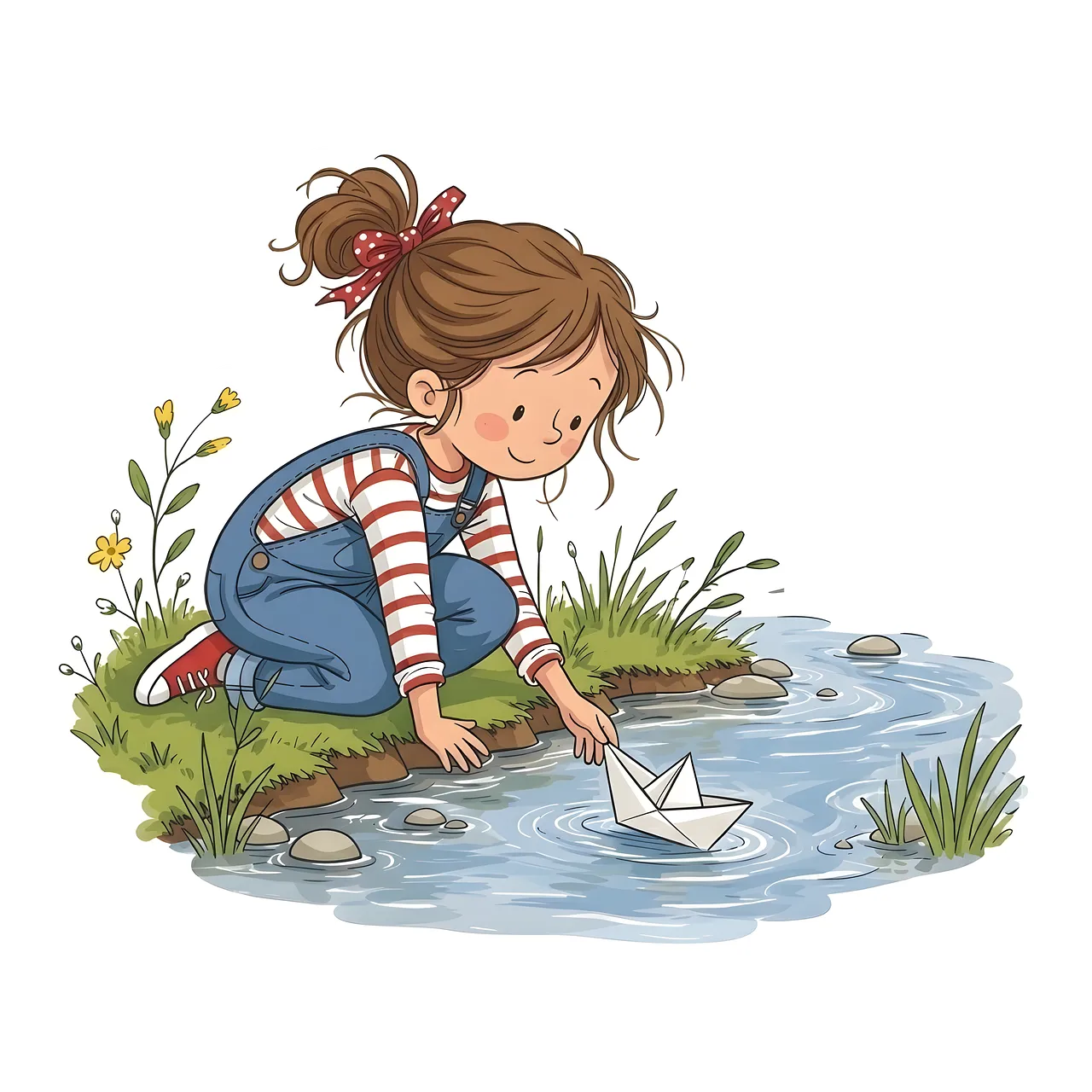 Charming Childhood: Girl Launches Paper Boat in Serene Stream