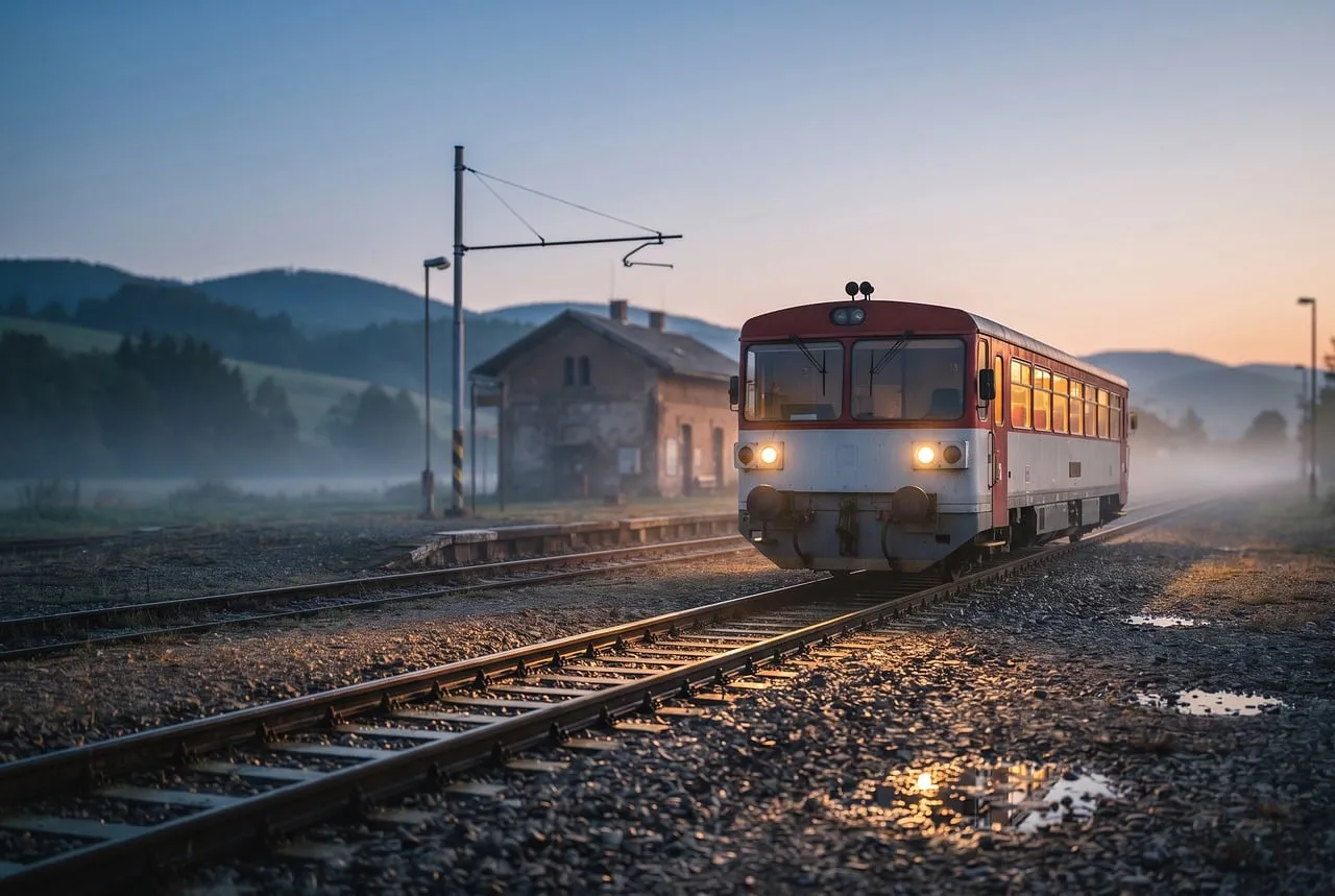 Enchanting Dawn: Train Arrives at Misty Mountain Station