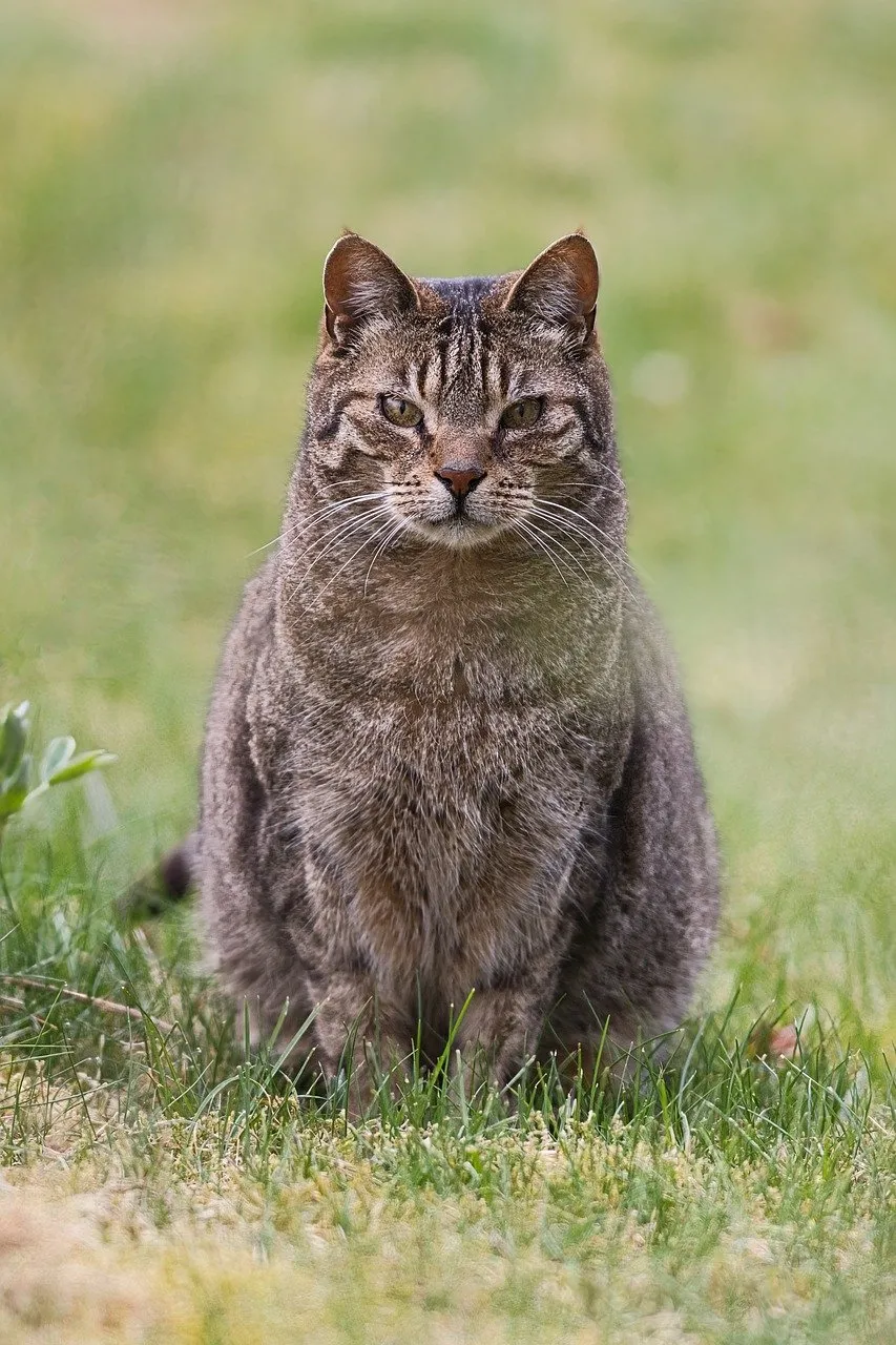 Majestic Tabby Cat Poses Serene in Lush Green Grass
