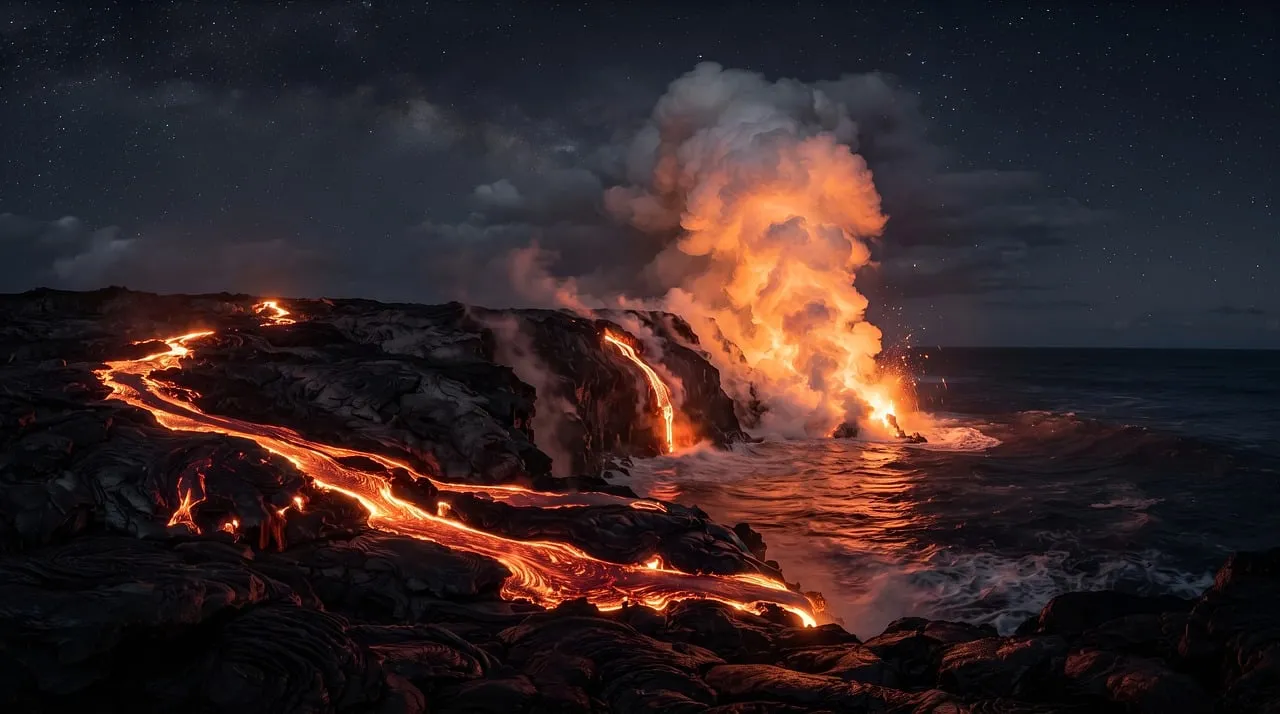 Dramatic Volcanic Eruption: Lava Flow into the Ocean at Night