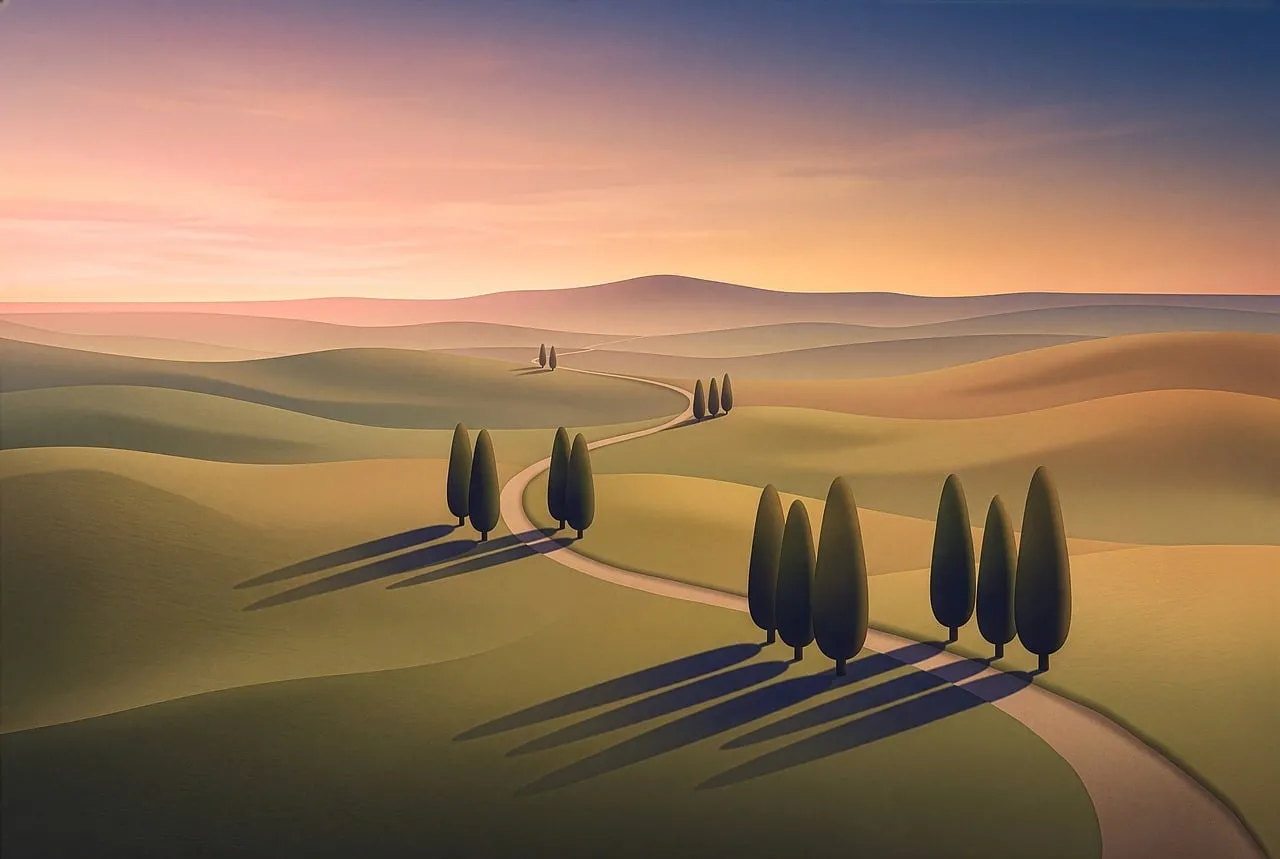 Serene Valley Journey: Textured Landscape Illustration