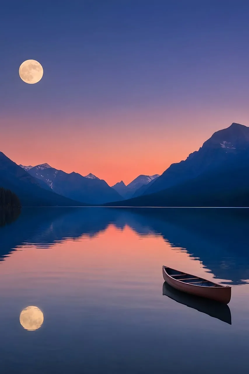 Enchanting Lake Sunset with Full Moon and Lone Boat