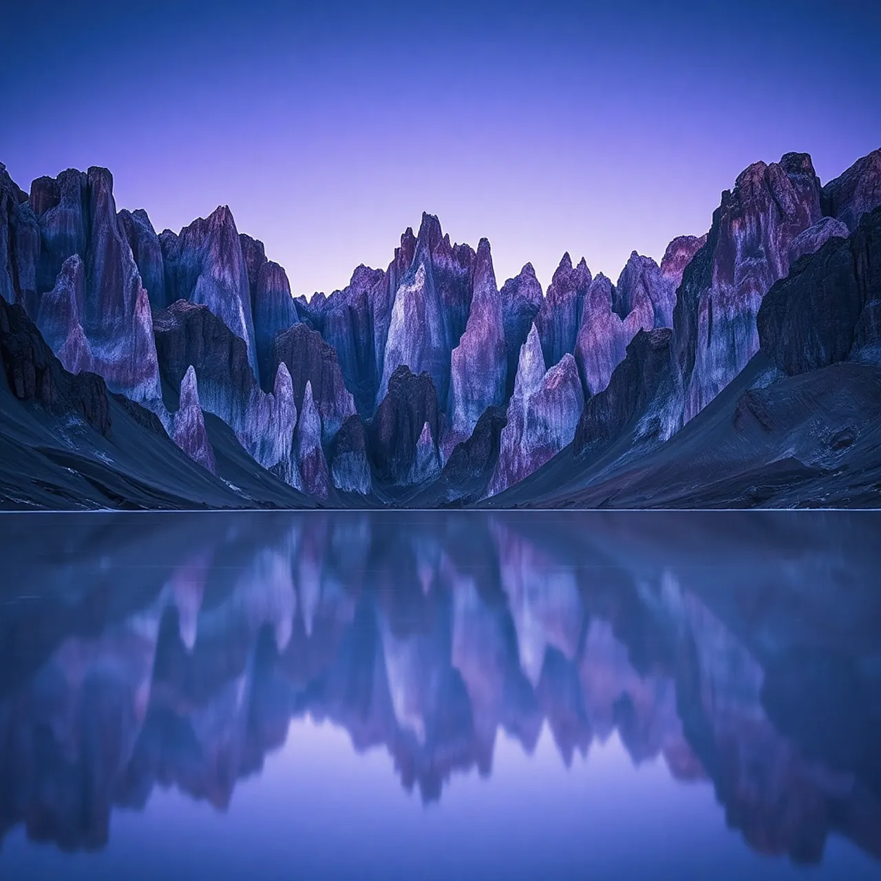Breathtaking Twilight: Majestic Mountains Reflected in Serene Lake