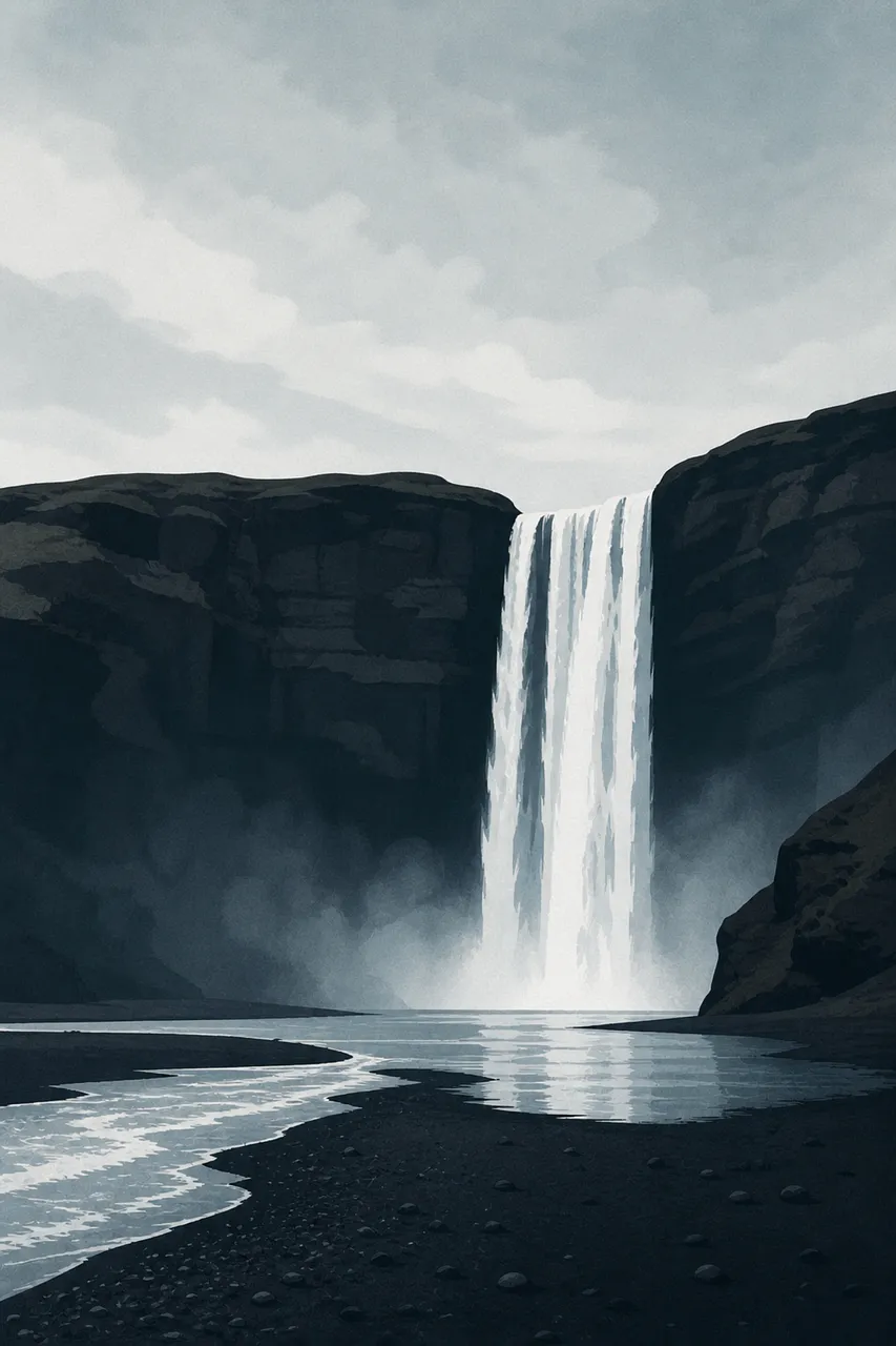 Minimalist Nordic Waterfall: Serene Misty Cliff Reflection