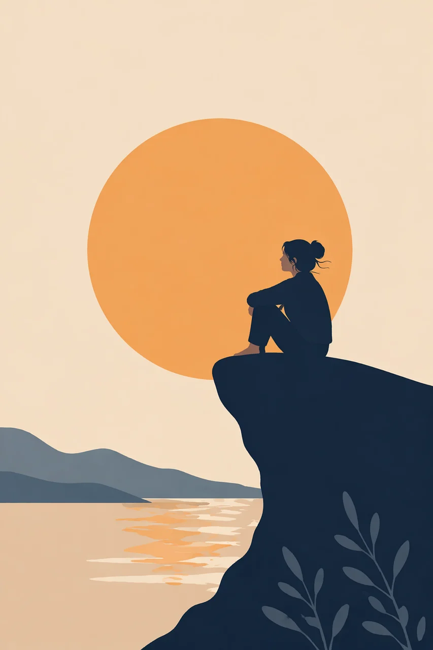 Serene Sunset Solitude: Woman Meditating on Cliff Edge
