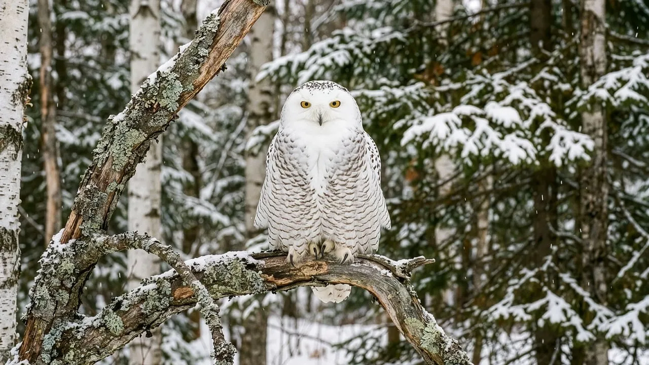 Majestic Snowy Owl: Winter's Regal Hunter in a Frozen Forest