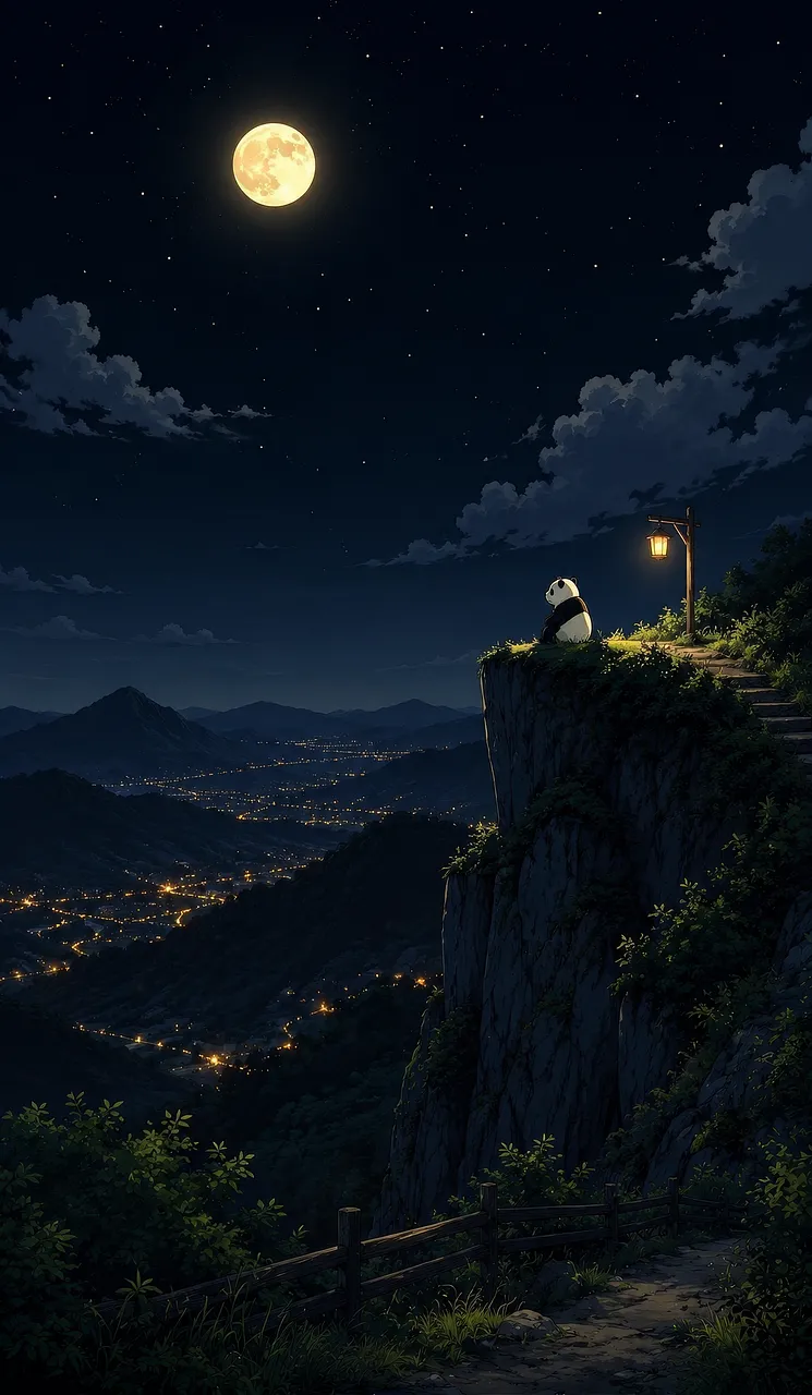 Enchanting Moonlit Vista: Panda's Nighttime Reverie