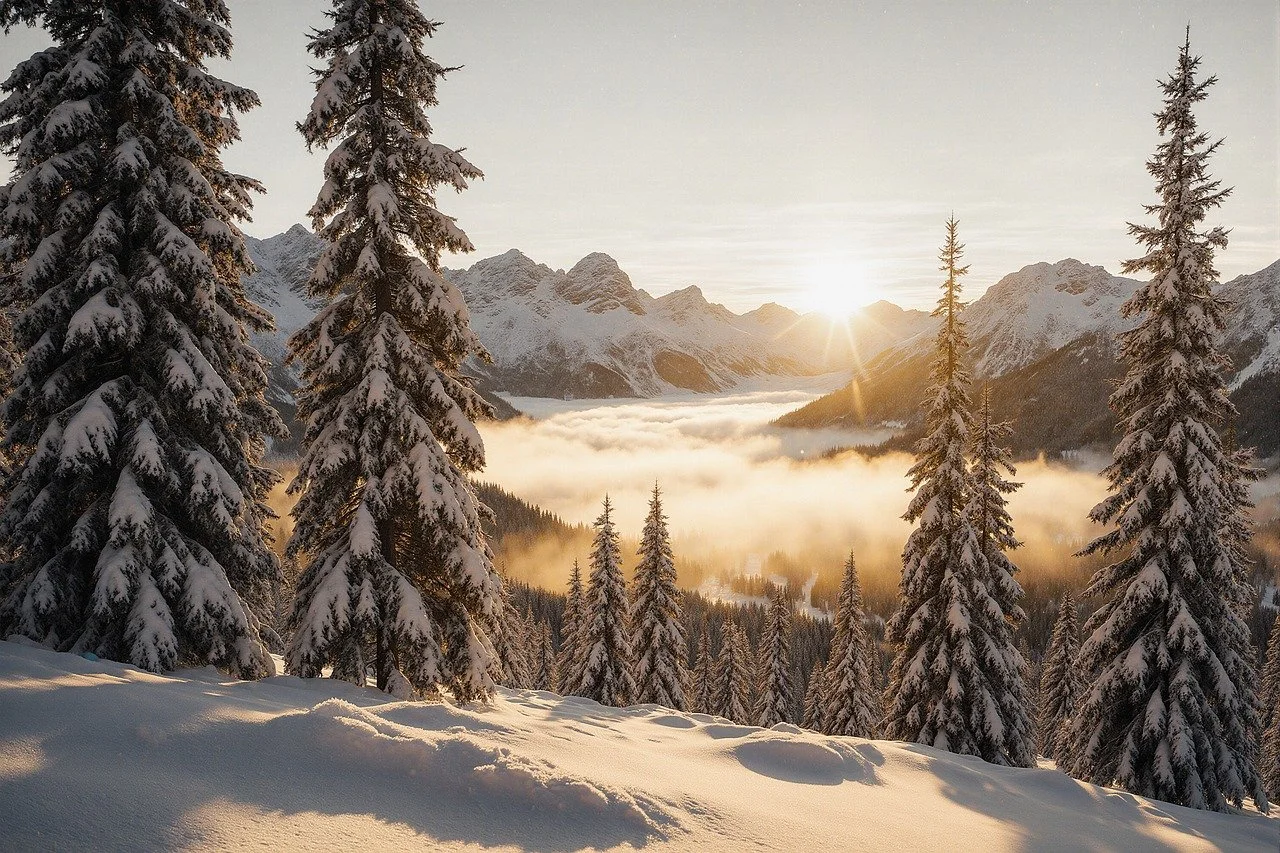 Breathtaking Winter Sunrise Over Snow-Covered Alpine Peaks