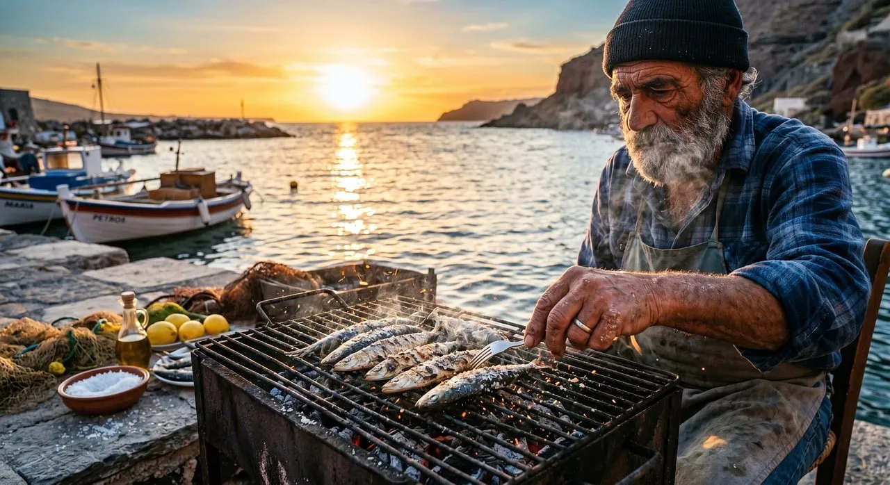 Golden Hour Feast: Fisherman Grills Sardines by the Greek Sea