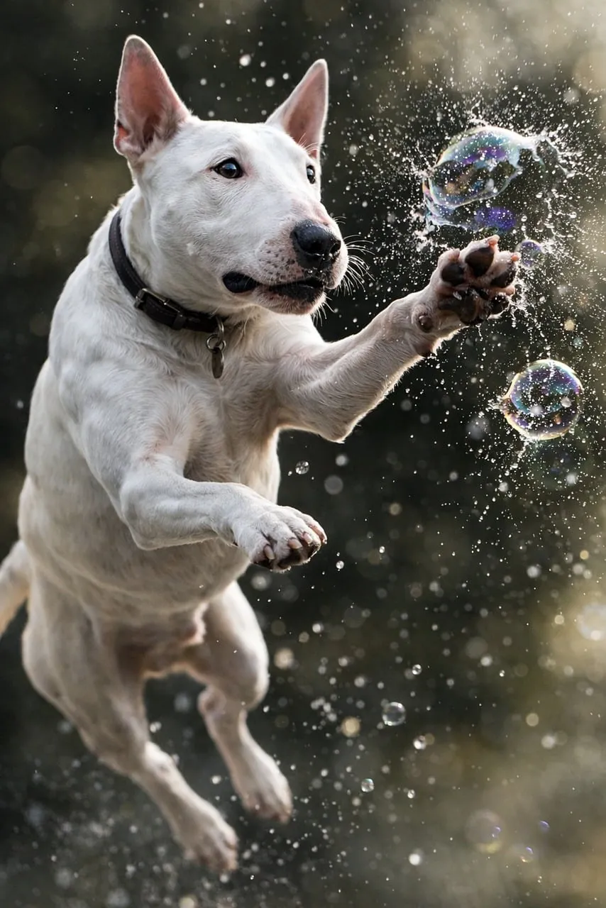 Joyful Bull Terrier Leaping for Bubbles in Water Splash