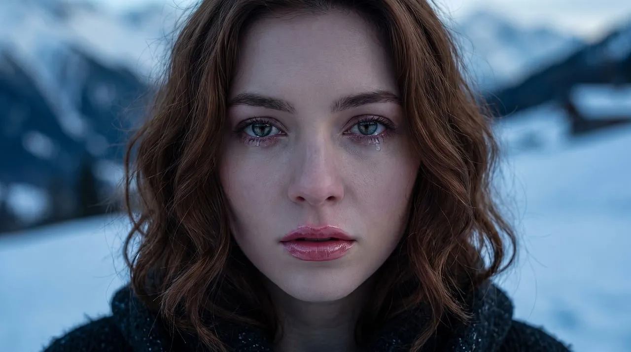 Haunting Winter Portrait: A Woman's Frozen Tears in the Mountains