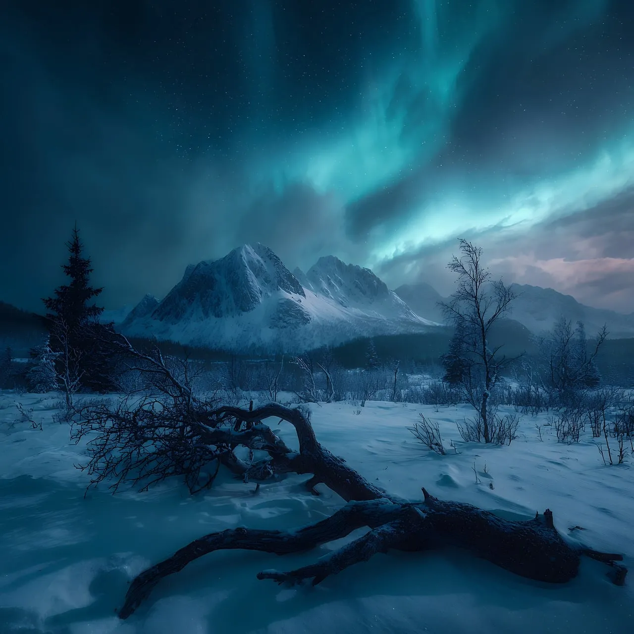 Breathtaking Aurora Borealis Over Majestic Snowy Peaks
