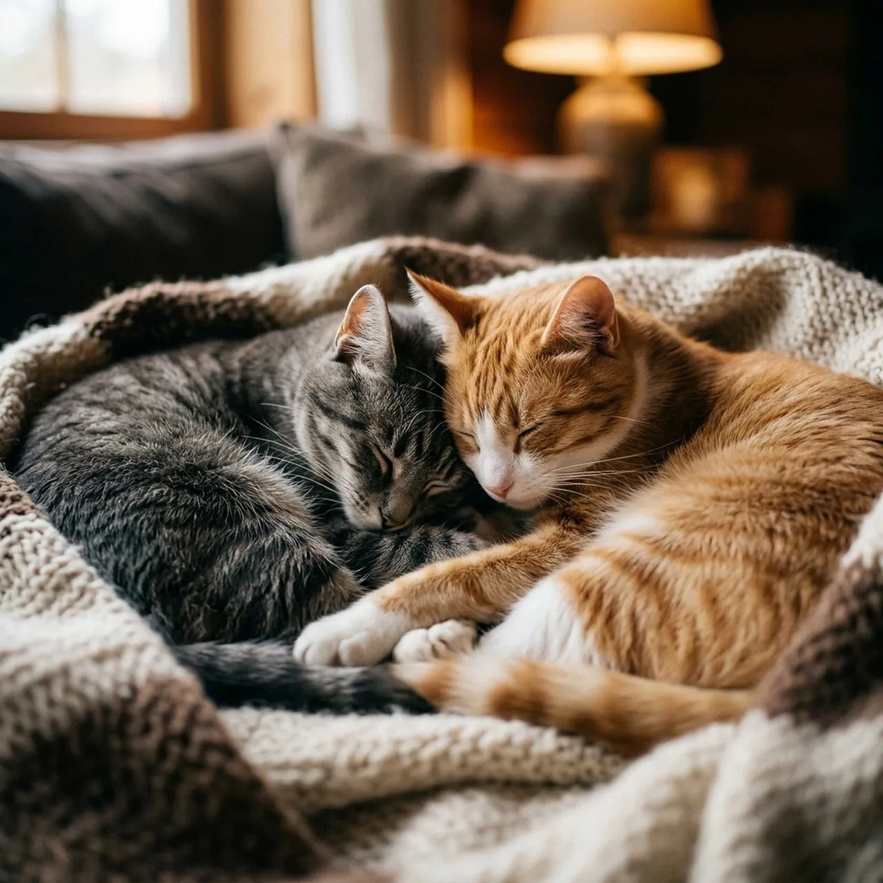 Cozy Catnap: Two Feline Friends Snuggle on a Fuzzy Blanket