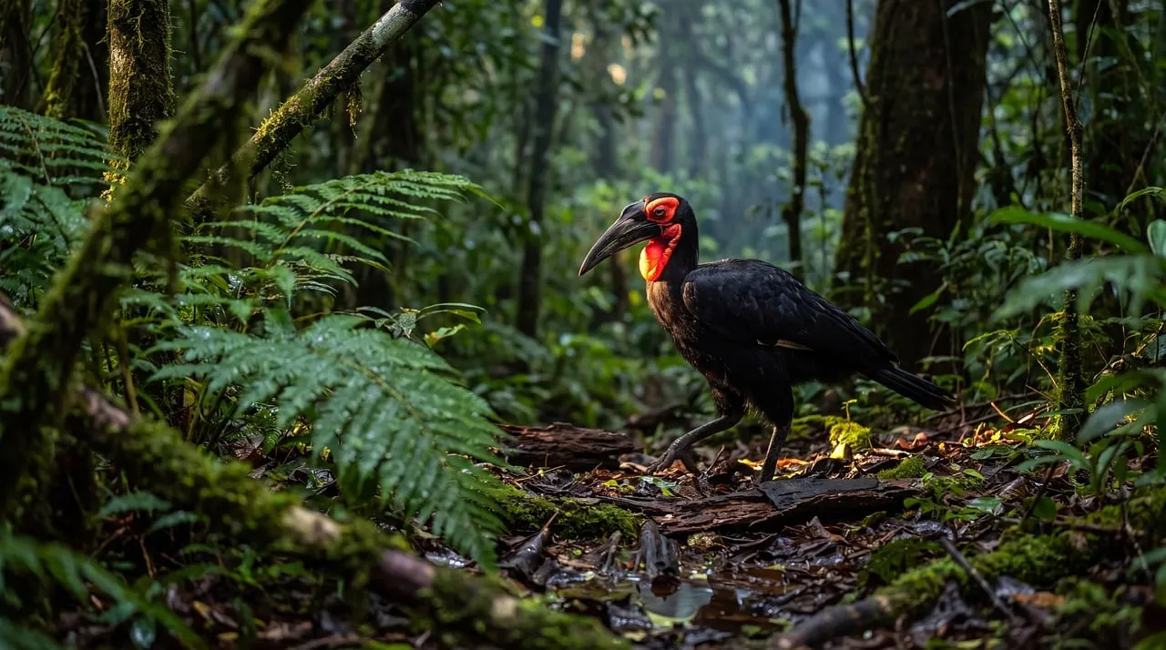 Majestic Southern Ground Hornbill in Lush Rainforest Habitat