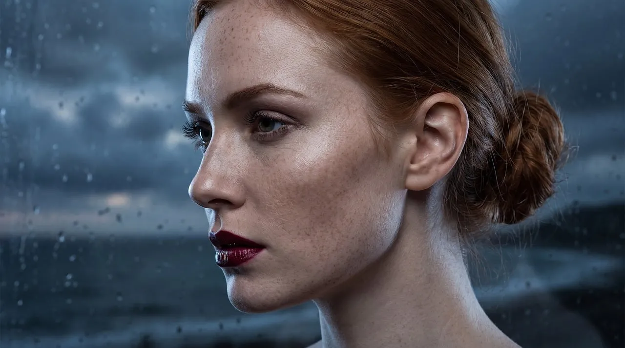 Enchanting Freckled Woman Gazing Through Rainy Window