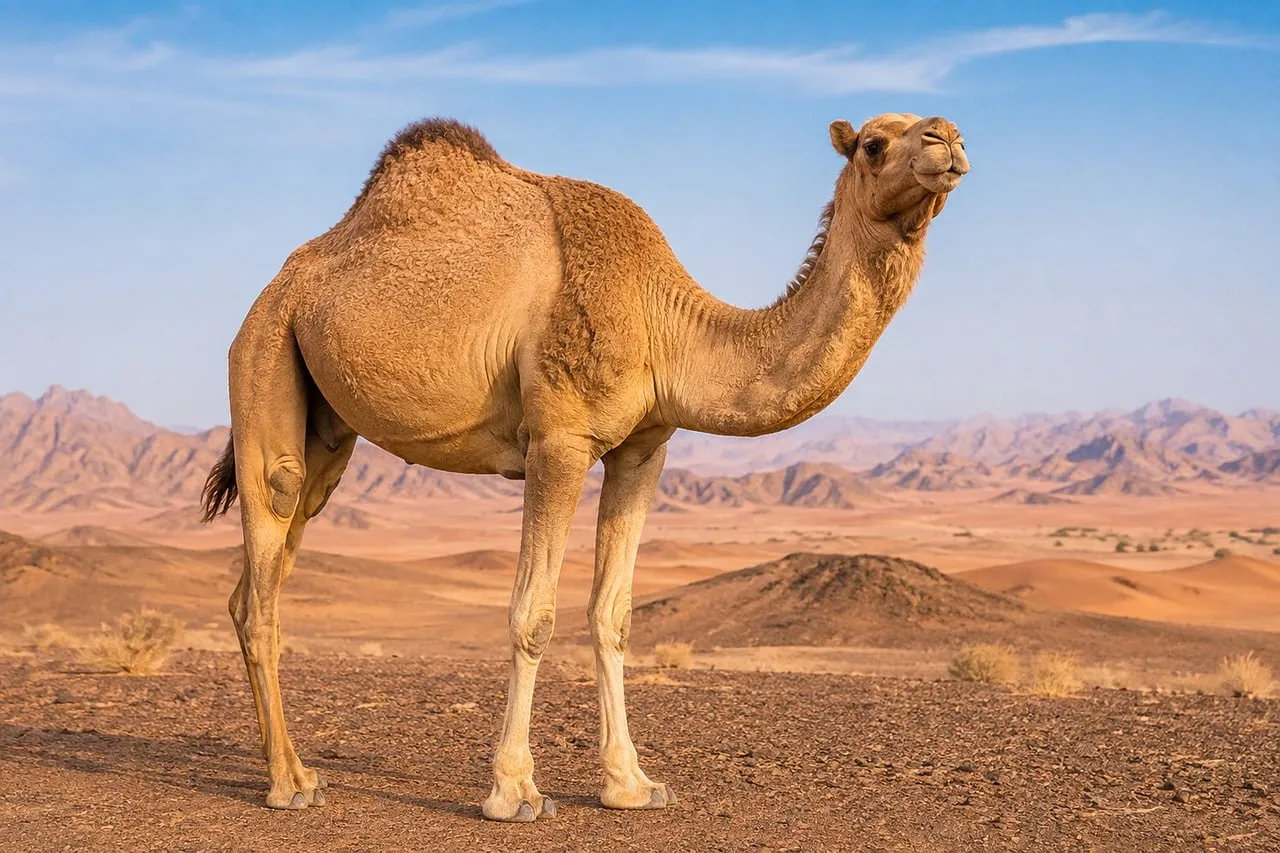 Majestic Desert Dweller: Solitary Dromedary in Arid Mountains