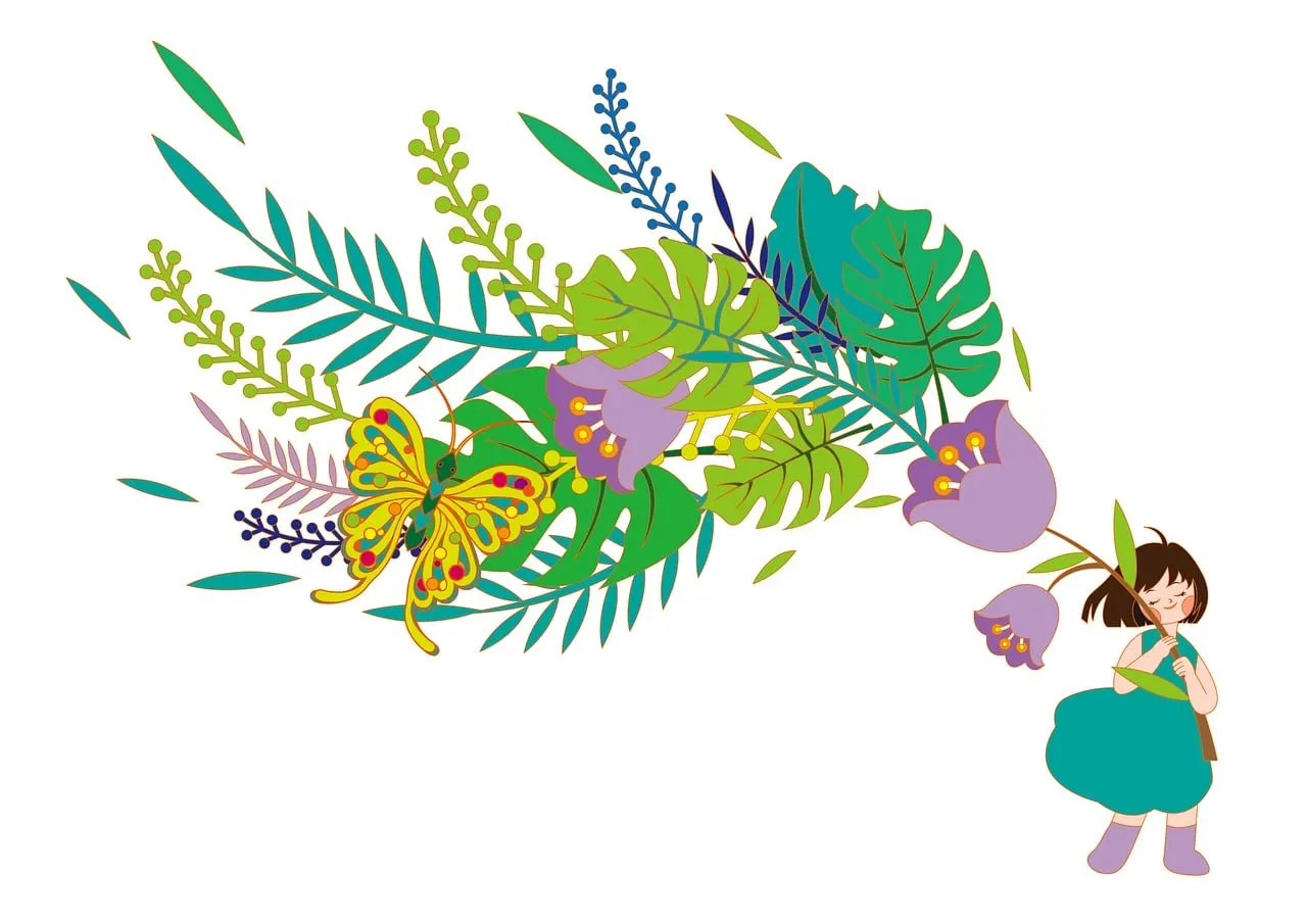 Joyful Girl and Fantasy Butterfly in a Botanical Dream