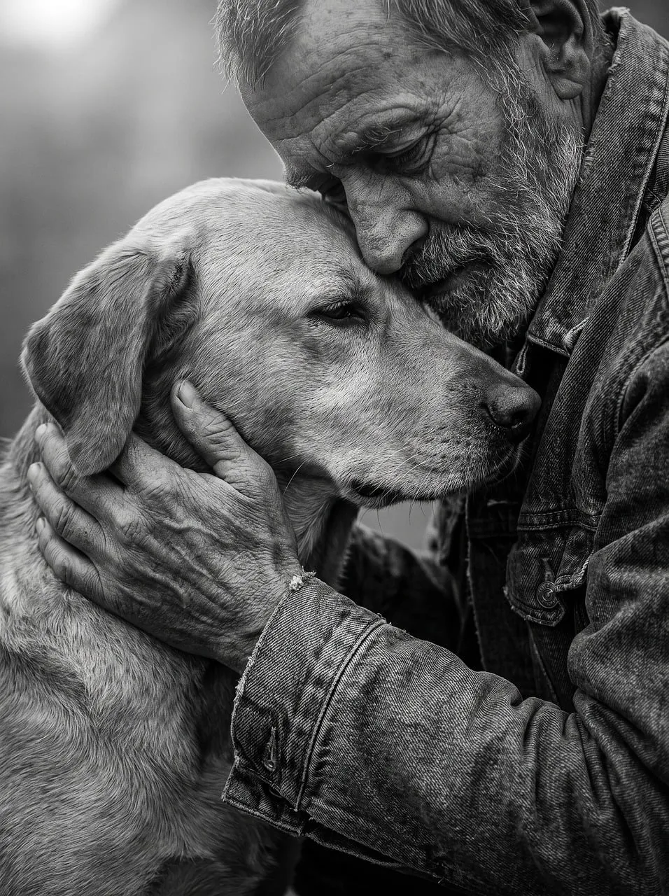 Heartfelt Bond: Senior Man Embraces Loyal Labrador in Moving Portrait