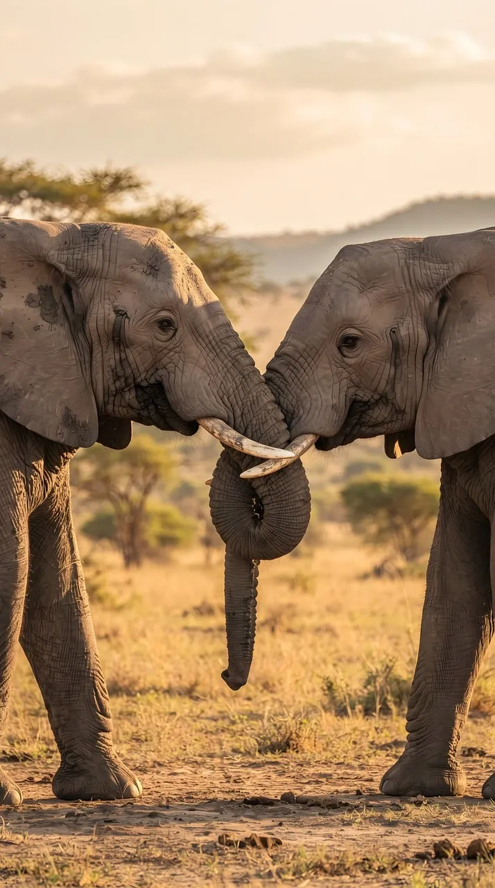 Breathtaking Sunset Connection: Elephants Embrace in Golden Savanna