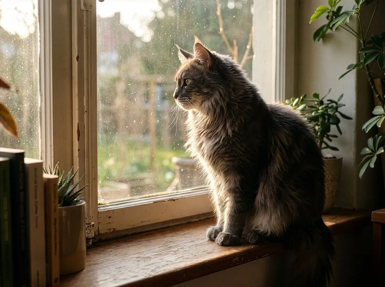 Enchanting Gaze: Cat Silhouetted Against a Golden Sunset Window