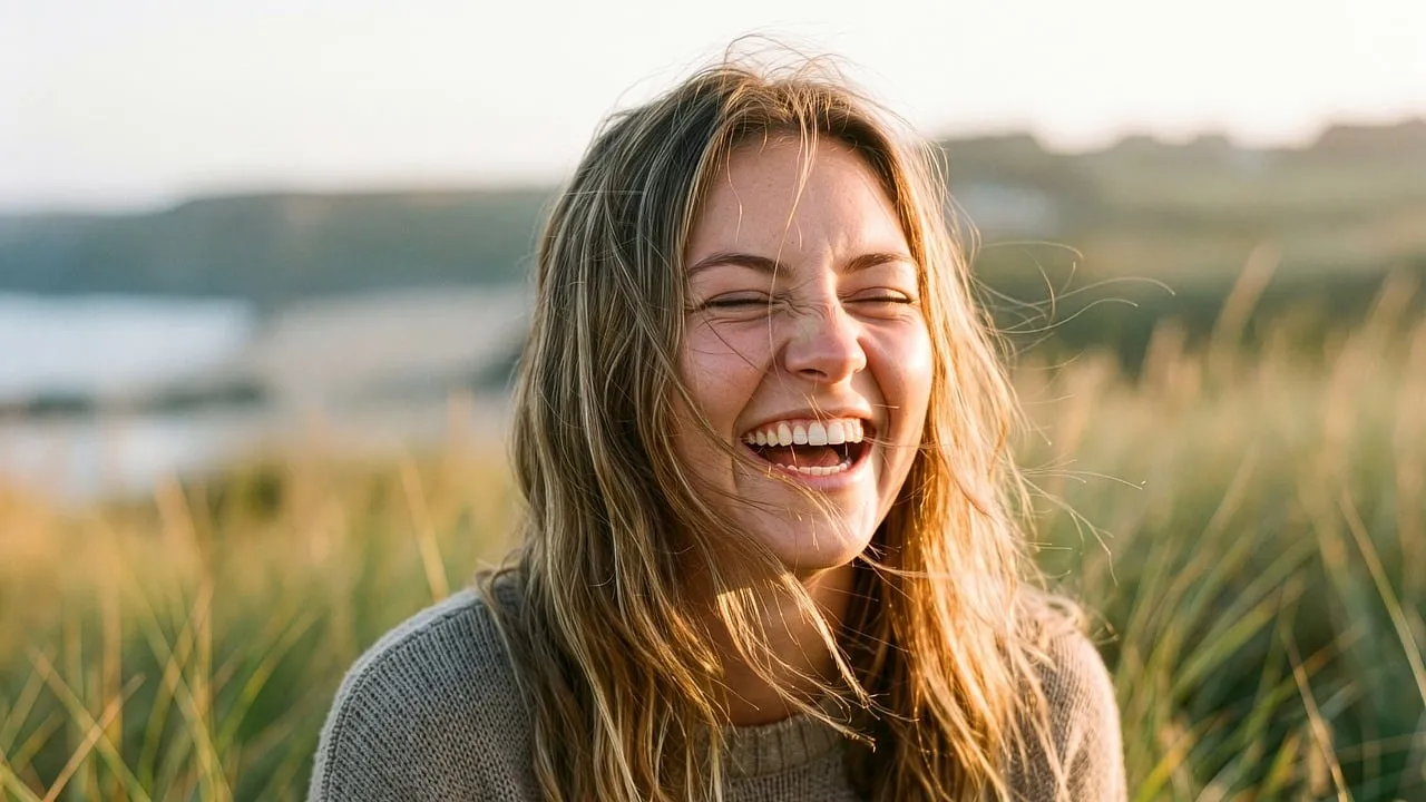 Radiant Joy: Happy Woman Laughing in Nature's Embrace