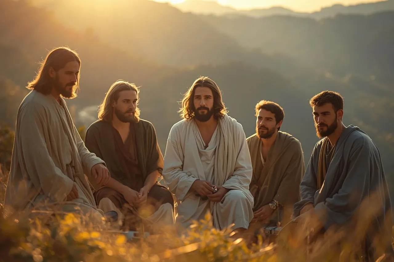 Divine Sunset Gathering: Jesus and Disciples in Golden Light