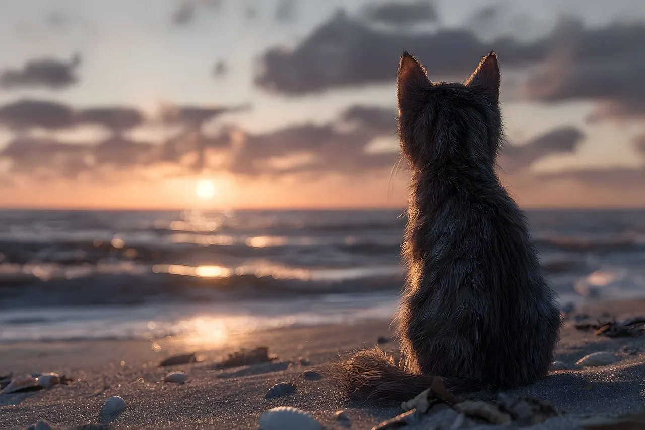 Serene Sunset: Cat Gazing at the Horizon's Glow