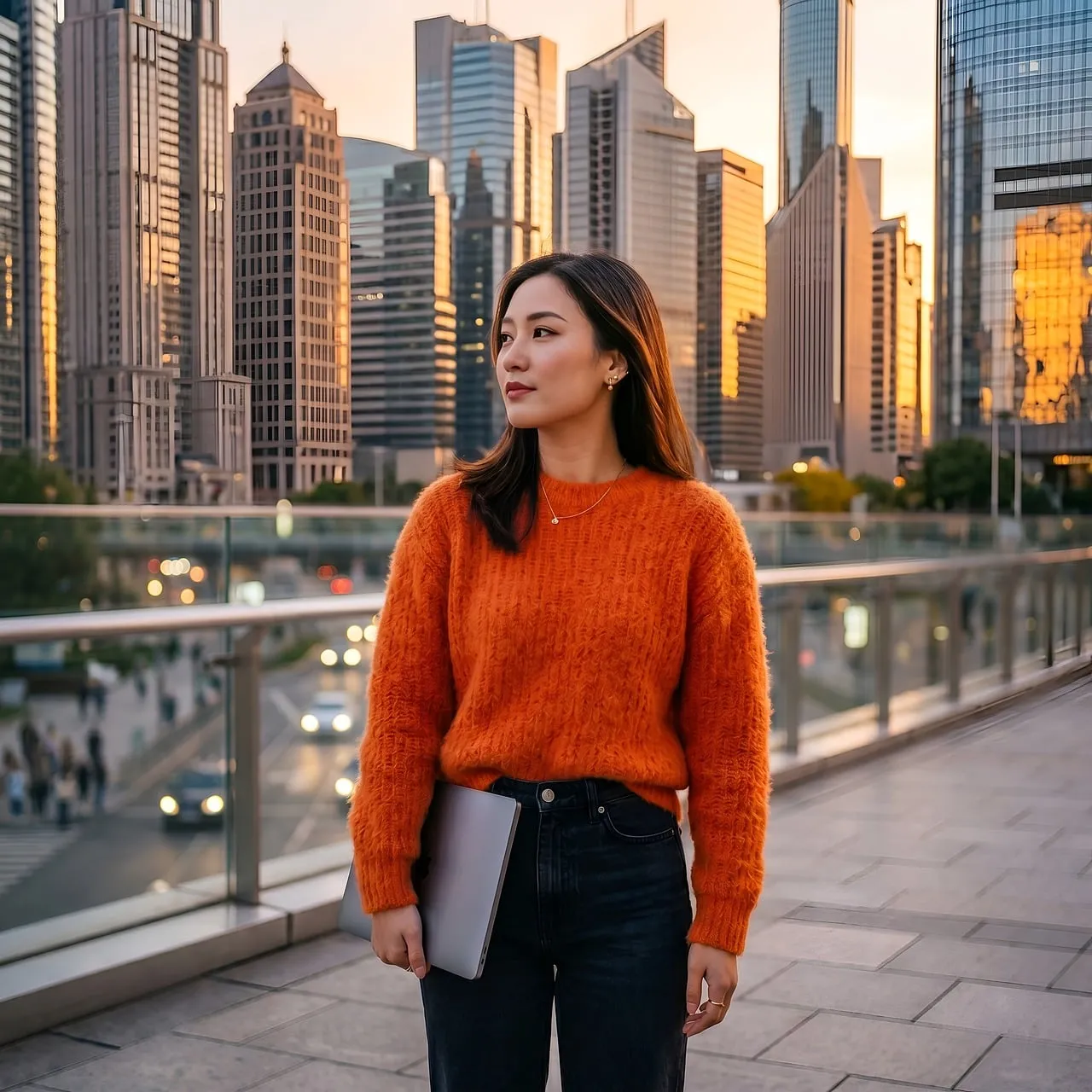 Vibrant Sunset Glow: Businesswoman's City Horizon