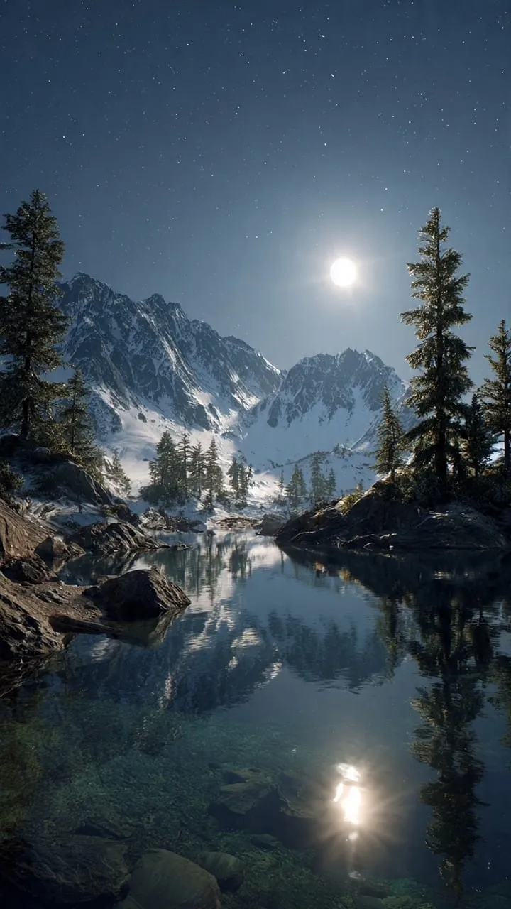 Enchanting Moonlit Mountain Lake: Serene Winter Night Landscape