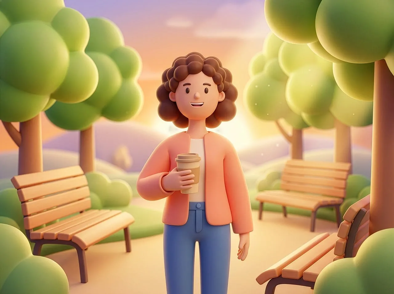 Charming Animated Woman in a Serene Park Setting