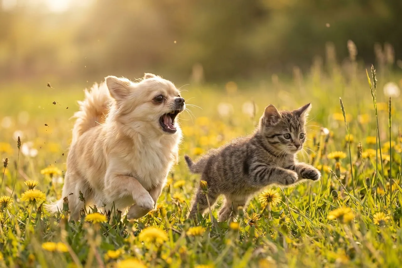 Joyful Chase: Adorable Chihuahua and Kitten Play in Golden Hour