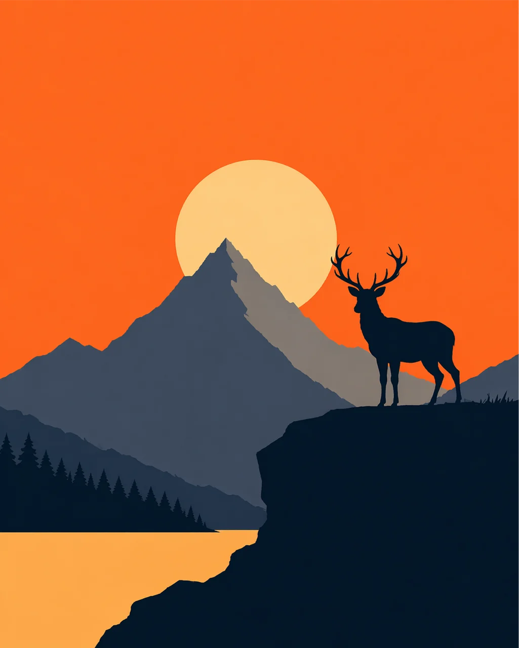 Majestic Stag Silhouette at Sunset over Mountain Lake