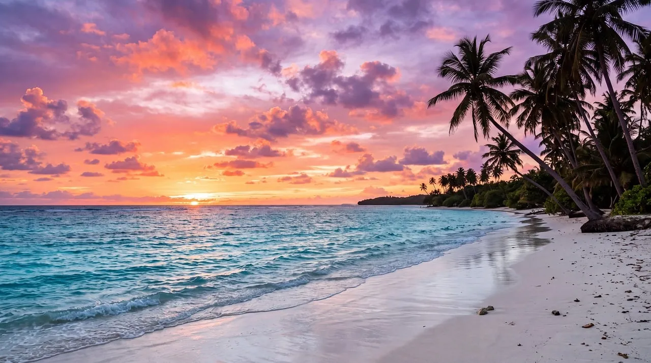 Breathtaking Tropical Sunset: Palm Trees & Turquoise Ocean Bliss