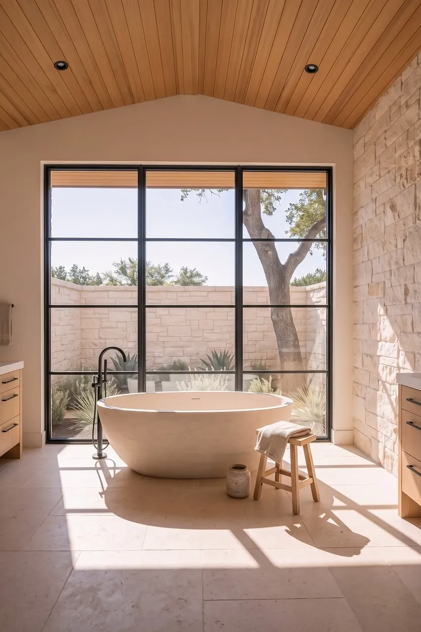 Serene Scandinavian Bathroom with Freestanding Tub and Garden Views