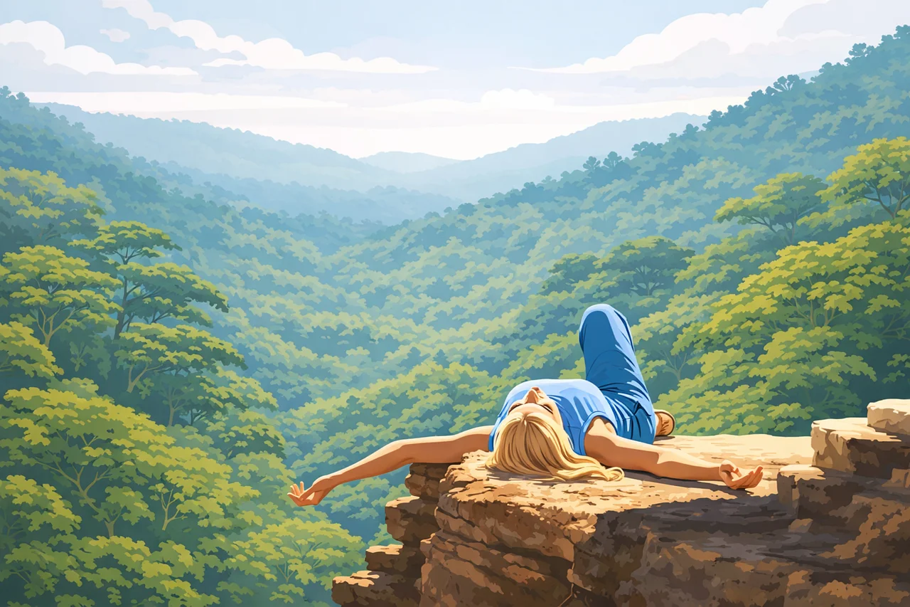 Serene Mountain Escape: Woman Finds Peace on Cliff Edge