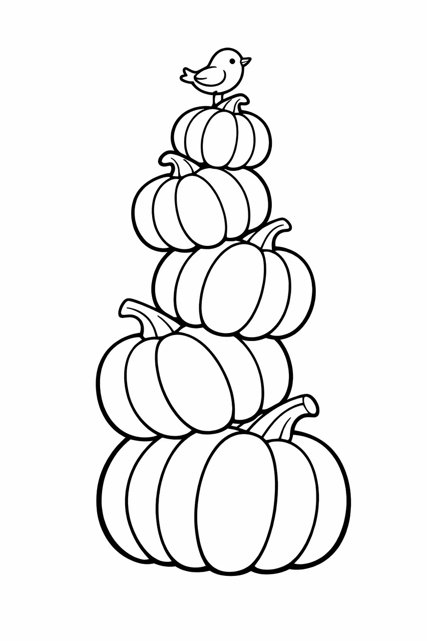 Charming Stacked Pumpkins with Perched Bird: Autumn Delight