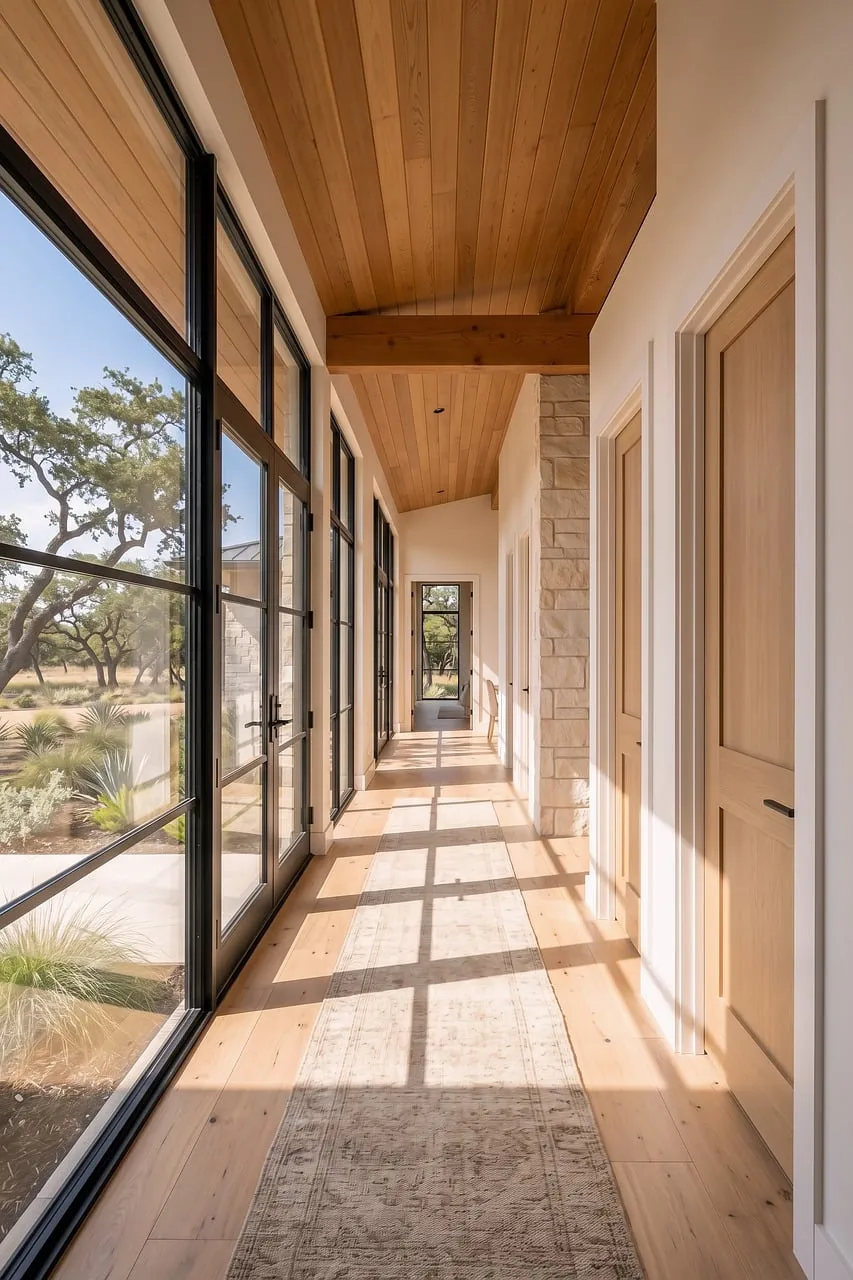 Sun-Drenched Modern Hallway: Elegant Design with Nature Views