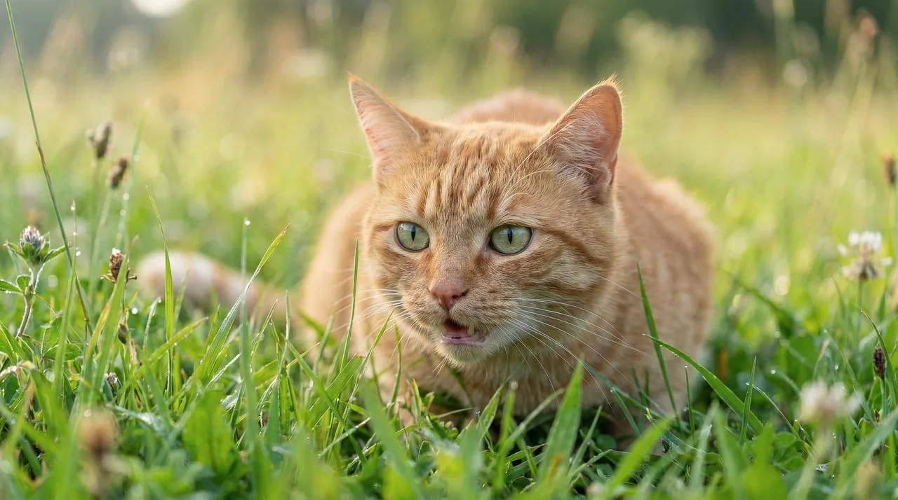 Alert Ginger Cat: Morning Hunt in Dewy Grass
