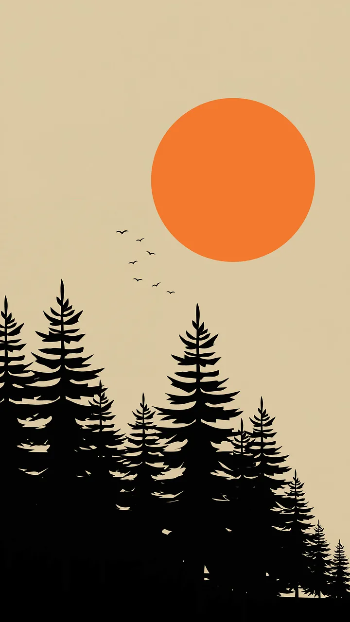 Zen Sunset: Minimalist Forest Silhouettes with Flying Birds