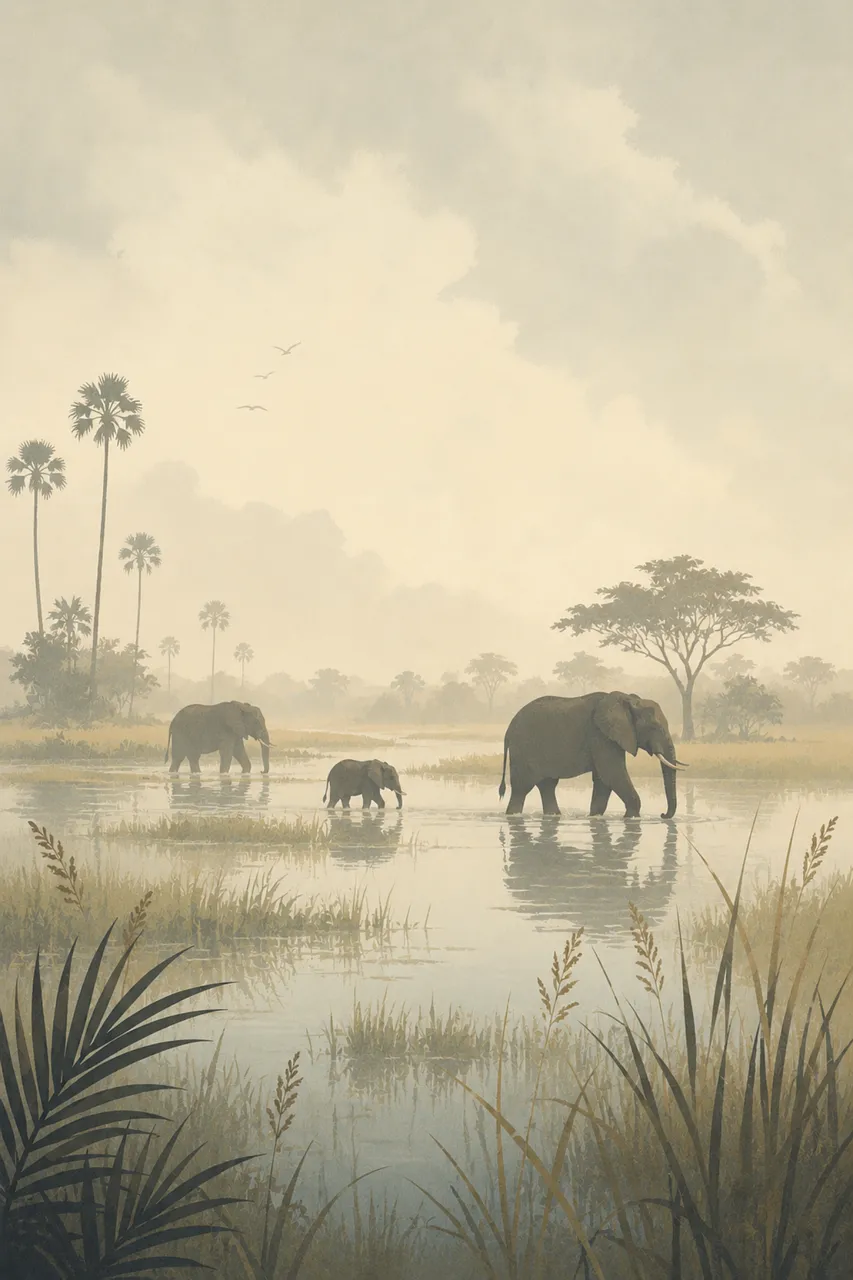 Serene Safari: Elephant Family in Misty Wetlands at Sunrise
